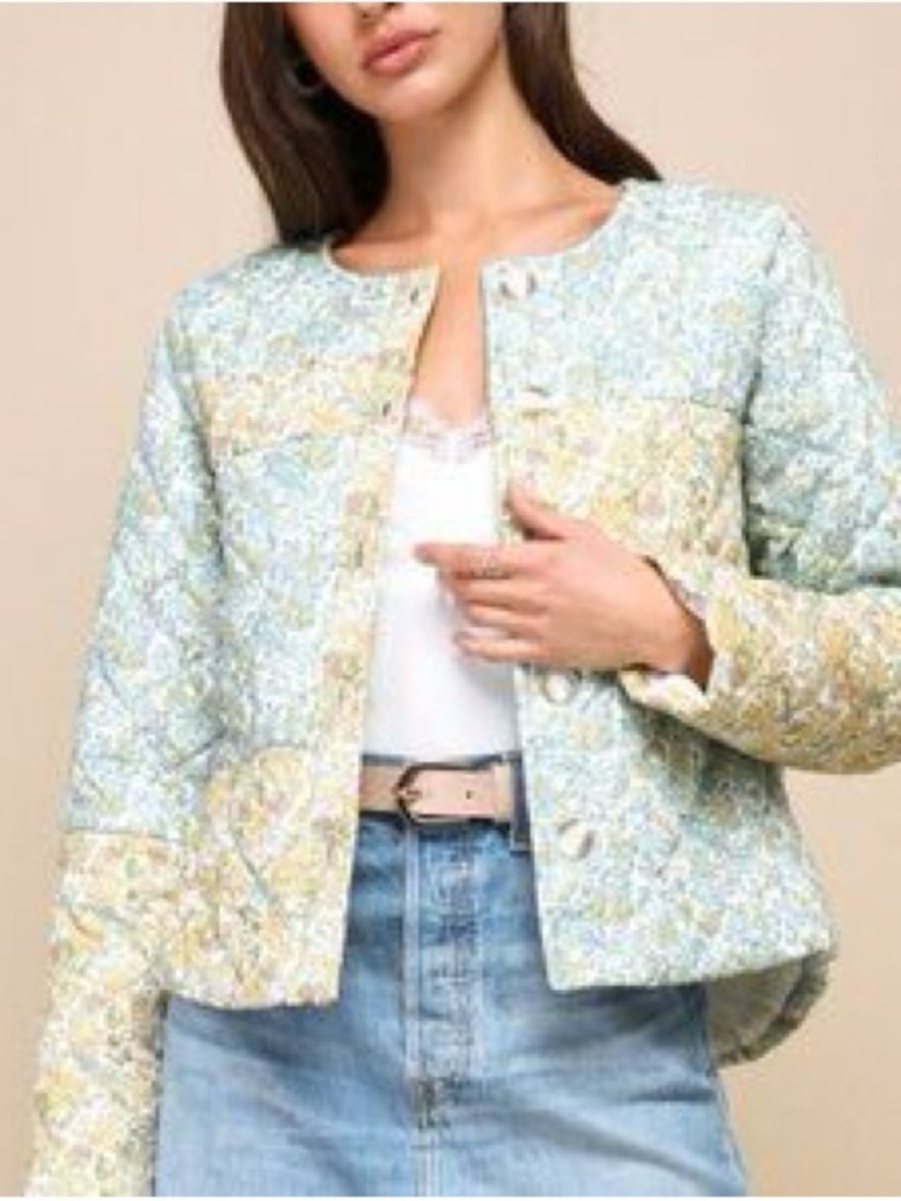 Lulu's Pastel Quilted Floral Jacket in Light Blue & Cream XL